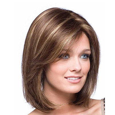

QianBaiHui Bob Wigs for White Women Short Straight Wig with Side Bangs Brown Mixed Blode Heat Resistant Synthetic Hair Fashion Wig