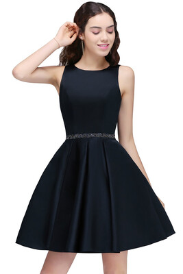 

A-Line Round Neck Short Dark Navy Homecoming Dresses With Crystal