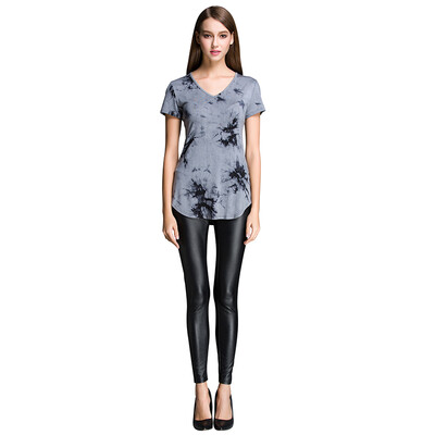 

POPBASIC Ladies Plain Short Sleeve V-Neck Round Hem Cotton Spandex, Multiple Colors Tied Dyed T-shirt
