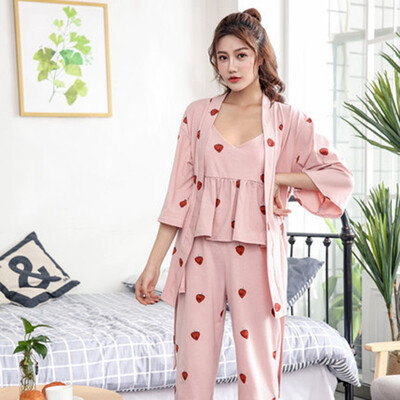 

Womens 3 pieces Pink pajamas sets satin Cotton lingerie homewear sleepwear pyjamas set pijamas for woman Summer Autumn
