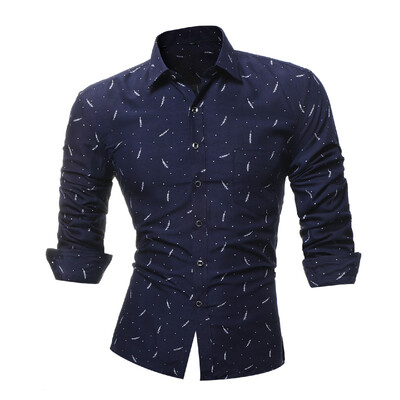 

Spring Mens Casual Shirt Printed Slim Fit Lapel Tops