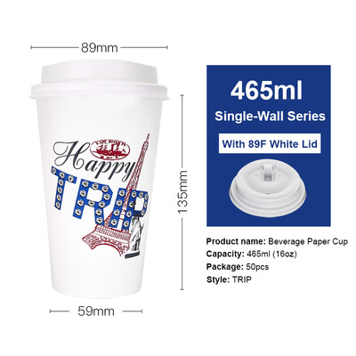 

OTOR 465ml560ml Paper Cup Disposable Tableware For Summer Icy Beverages Cold&Hot Tea Milk Coffee Happy Trip 50pcs