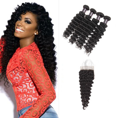 

Ishow Hair 7A Malaysian Virgin Hair Deep Wave Human Hair 4 Bundles With Closure With Baby Hair Closure Bundles Extensions