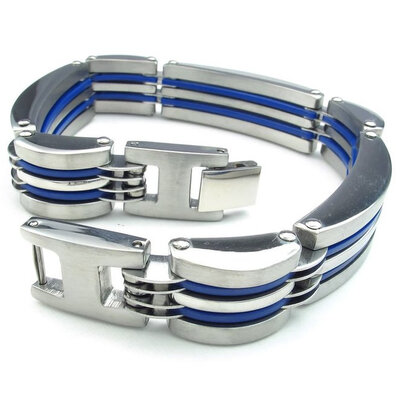 

Hpolw Mens silver&blue Stainless Steel Bolt buttoned Bracelet&beautiful design Biker Wide Links geometry pattern Bangle