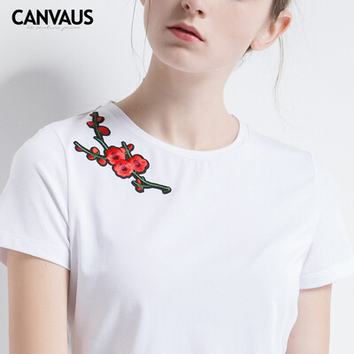 

Canvaus Summer New Women Slim Simple Embroidered Flowers Decoration Cotton Short-sleeved T Shirt