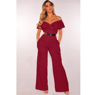 

New Fashion Women Sexy Strapless Jumpsuit Falbala Neckline Solid Color Off Shoulder Casual Jumpsuit