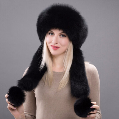 

2018 Real Fox Fur Hat Bomber with Rabbit Fur Top Pompon Fall Winter Womens New Ear Hat Russian Outdoor Warm HHY 17-19