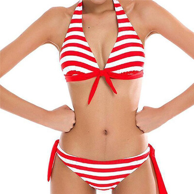 

Hot Sale Black Striped Bikinis Set Women Halter Bandages Top Brazilian Swimsuit Push Up Summer Bathing Suit biquini