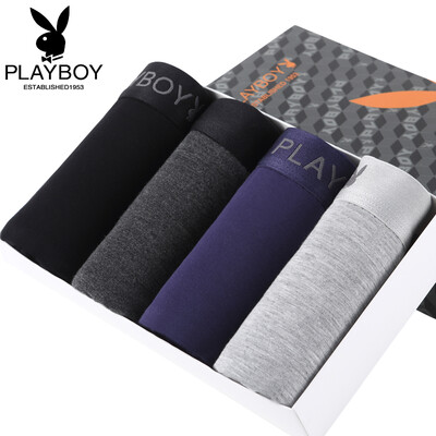 

Playboy Mens Underwear Mens Solid Color Elastic Breathable Waist Boxer Boxes Panties Gift Box 4 Pack Black Deep Hemp Grey Blue Flower Gray 3XL