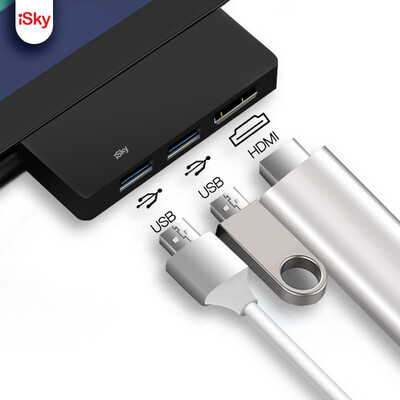 

iSky Microsoft surface pro5 adapter USB30 converter Mini DP to HDMI video cable 2HUB docking station laptop 4K HD splitter black