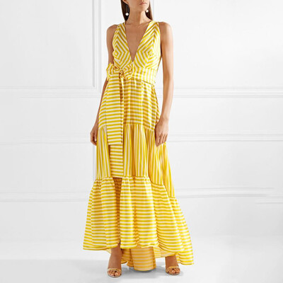 

Striped Bohemian Maxi Dresses Women Sleeveless Deep V Neck Lace up Sexy Dress Female Casual Summer Holiday 2018 New