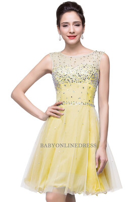 

A-line Sleeveless Crew Short Tulle Prom Dresses 2018 with Crystal Beads