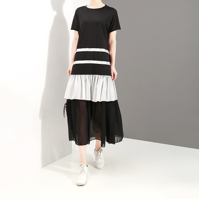 

2018 New Arrival Summer Women Fashion Chiffon Striped Patchwork Hit Color Shor Sleeve Long Dress Women