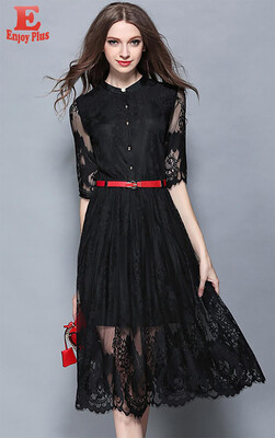 

S M L XL new summer 2018 women lace long dress half sleeve a line black white hollow out elegant vintage mid calf with belt