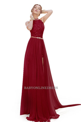 

2018 Beaded Long Evening Dress Chiffon Side Slit Burgundy Sexy Backless Formal Party Evening Gown