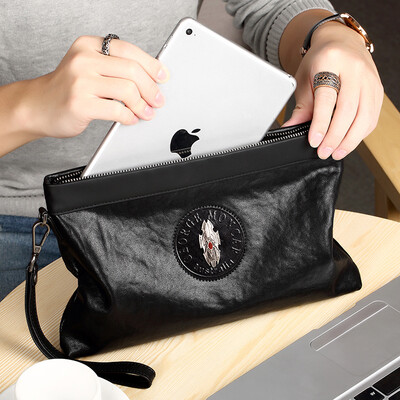 

GM George Moncar Mens Handbag Mens First Layer Leather Clutch Bag Envelope Bag Vegetable Tanned Leather Multifunction Large Capacity Casual Fashion Clutch Bag GM259 Black