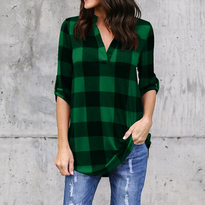 

Try Everything Half Sleeve Red Plaid Shirt Women Plus Size  Summer Tops And Blouses For Women 2018 V Neck Loose Shirt Female