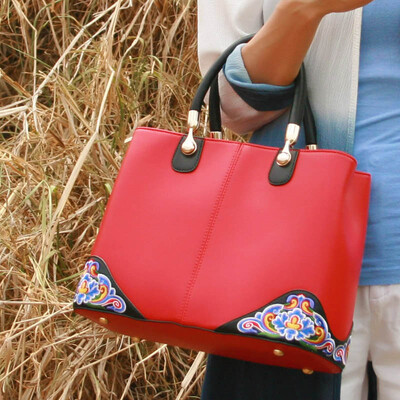 

Fashion national leather hangbags women tote bags ethnic embroidered women shoulder bag floral uxury brand ladies handbags high quality