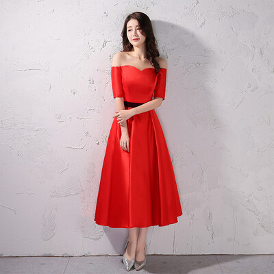 

The bride dress long paragraph shoulder satin middle sleeve fashion was thin party dress big red