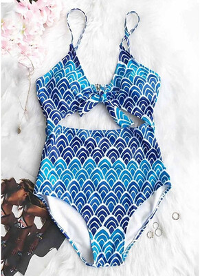 

2018 Women Wave Ripple Print Tie Cut Out Padded Push Up One-Piece Swimsuit