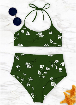 

2018 Women Swimwear Floral Print Halter Bandage Backless Swimsuit Beach Wear Bikini Set