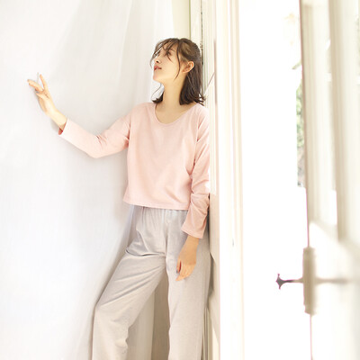 

Haizhining 17W49 Pajamas ladies sexy colorful nine-point sleeves long-sleeved trousers cotton home service suit home clothes two-piece pink 175 XXL
