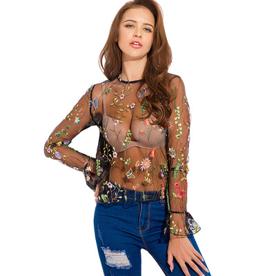 

BURDULLY Casual Summer Beach Lace Blouse Long Sleeve Floral Lace Tops Sexy Perspective Blouse Shirts blusas mujer de moda 2018