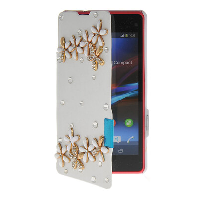 

MOONCASE Rhinestone Crystal Ultre Slim Leather Side Flip Wallet Shell Back Case Cover for Sony Xperia Z1 Compact (Mini) White