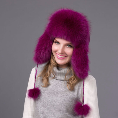

FURART hot warm autumn&winter female Fox fur bomber hat snow cap fur womens hat ladies leather ear caps