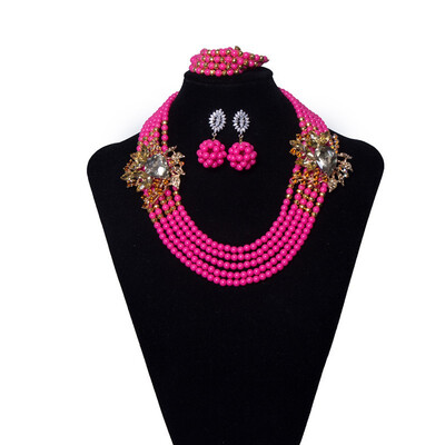 

6 Rows Pink Women Jewelry Set Handmade Beaded Crystal Necklace Fashion African Wedding Jewellery Set Bridal Jewelry Free Shipping
