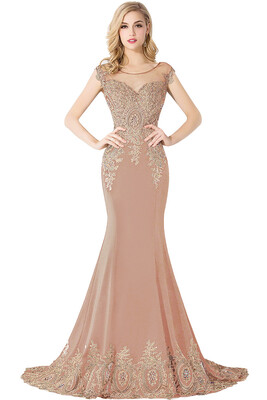 

Lace Applique Mermaid Prom Dresses Capped Sleeves Sheer Long Evening Dresses