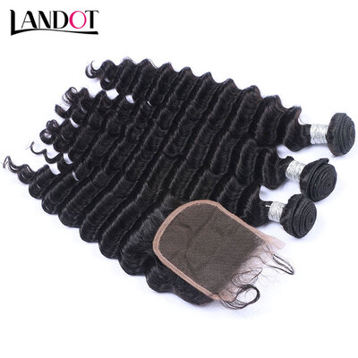 

9A Peruvian Deep Wave Virgin Hair With Lace Closure 3 Bundles Peruvian Curly Human Hair Weave And Closures 4 Pcs Lot Natural Black