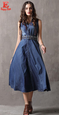 

S M L vintage new summer 2018 long jeans dress women sleeveless blue cotton denim V neck slim A line mid calf elegant lady belt