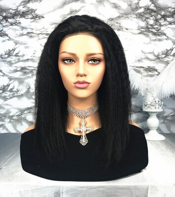

T-top Hair Thick Kinky Straight Remy Human Hair Free Part Lace Front Wig With Pre-Plucked Natural Hairline Bleached Knots For Ladi