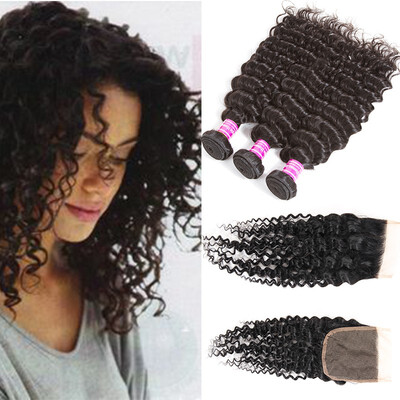 

Glary Mongolian Deep Wave Hair With Closure Can Be Dyed Human Hair Bundles with Closure 3 Bundles with Free Part Hair Extensions