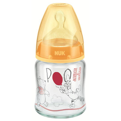 

NUK wide-bore glass bottle baby bottle 120ml with anti-flatulence silicone nipple 0-6 months round hole Disney yellow German import