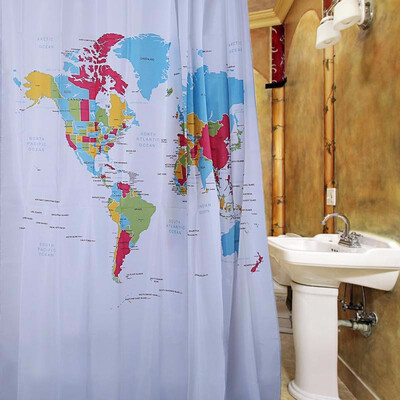 

Waterproof Polyester Shower Curtain World Map Pattern with 12 Plastic Hooks