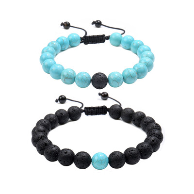 

Distance Relationship Bracelet for Couple-2pcs Natural Black Lava & Turquoise Stone Bead Bracelet Especially for you Couple Gift M