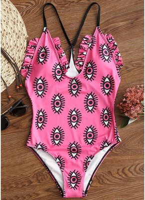 

2018 Eye Print Spaghetti Strap Padded Wireless One-Piece Swimwear