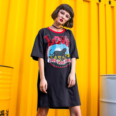 

2018 Spring&Summer New Trend Street Fashion Printing Split T-shirt Cotton Womens Short-sleeved Long T-shirt Plus Size
