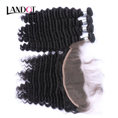 

8A Peruvian Deep Wave Curly Virgin Hair With Ear To Ear 13x4 Lace Frontal Closure 3 Bundles Human Hair Weave And Closures 4Pcs Lot