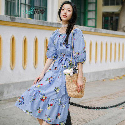 

INMAN 2018 summer new square collar with fresh print elegant temperament dress female summer long skirt 18821VP04035 blue&white strip
