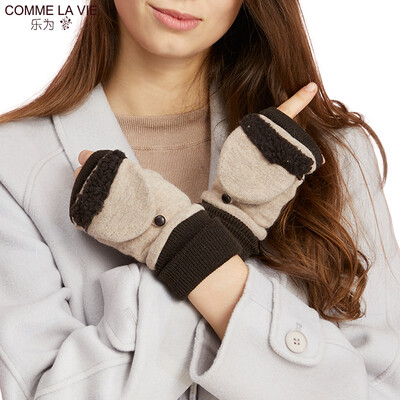

Le for comme lavie ladies gloves female autumn winter cute half finger dual-use wool warm gloves plus velvet thickening students fingerless women 14FD171 flower camel color code