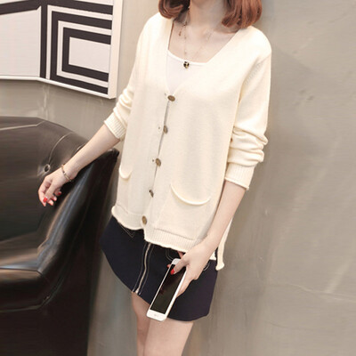 

JOY OF JOY 2018 autumn new solid color Korean V-neck single-breasted knit cardigan fashion loose temperament shirt female JWYC187239 yellow