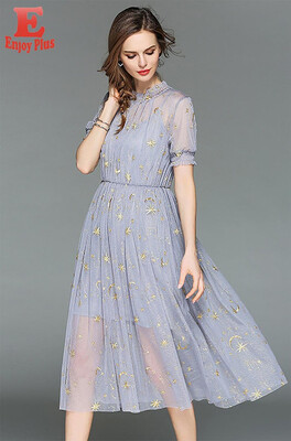 

S M L XL elegant new summer 2018 women dress short sleeve gray star embroidery a line mid calf hollow out lady office