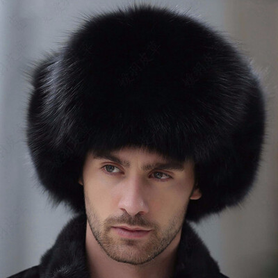 

Russian leather bomber leather hat men winter hats with earmuffs trapper earflap cap man real raccoon fur black fox hatska