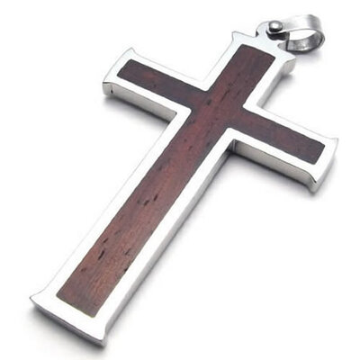 

Hpolw High Quality Mens Jewelry Silver&Brown Stainless Steel Wood Grain Cross Necklace Pendant 18-26 inch Chain