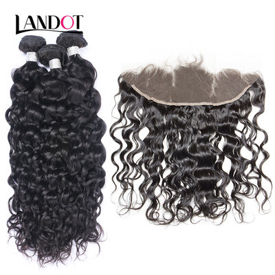 

8A Brazilian Water Wave Virgin Hair With Lace Frontal Closure 3 Bundles Wet And Wavy Curly Human Hair Weaves And Closures 4Pcs Lot