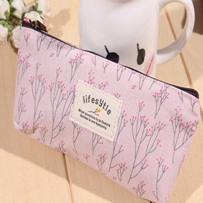 

Cosmetic Makeup Bag Floral Canvas Double Zipper Pencil Case Coin Pouch Purses