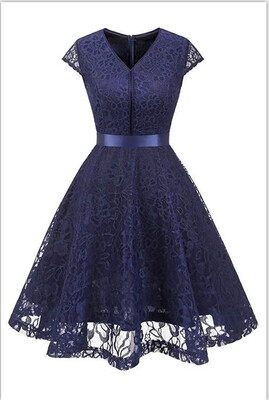 

Womens Vintage 1950s Short Sleeve A-Line Cocktail Party Swing Dress with Floral Lace Homecoming Dress